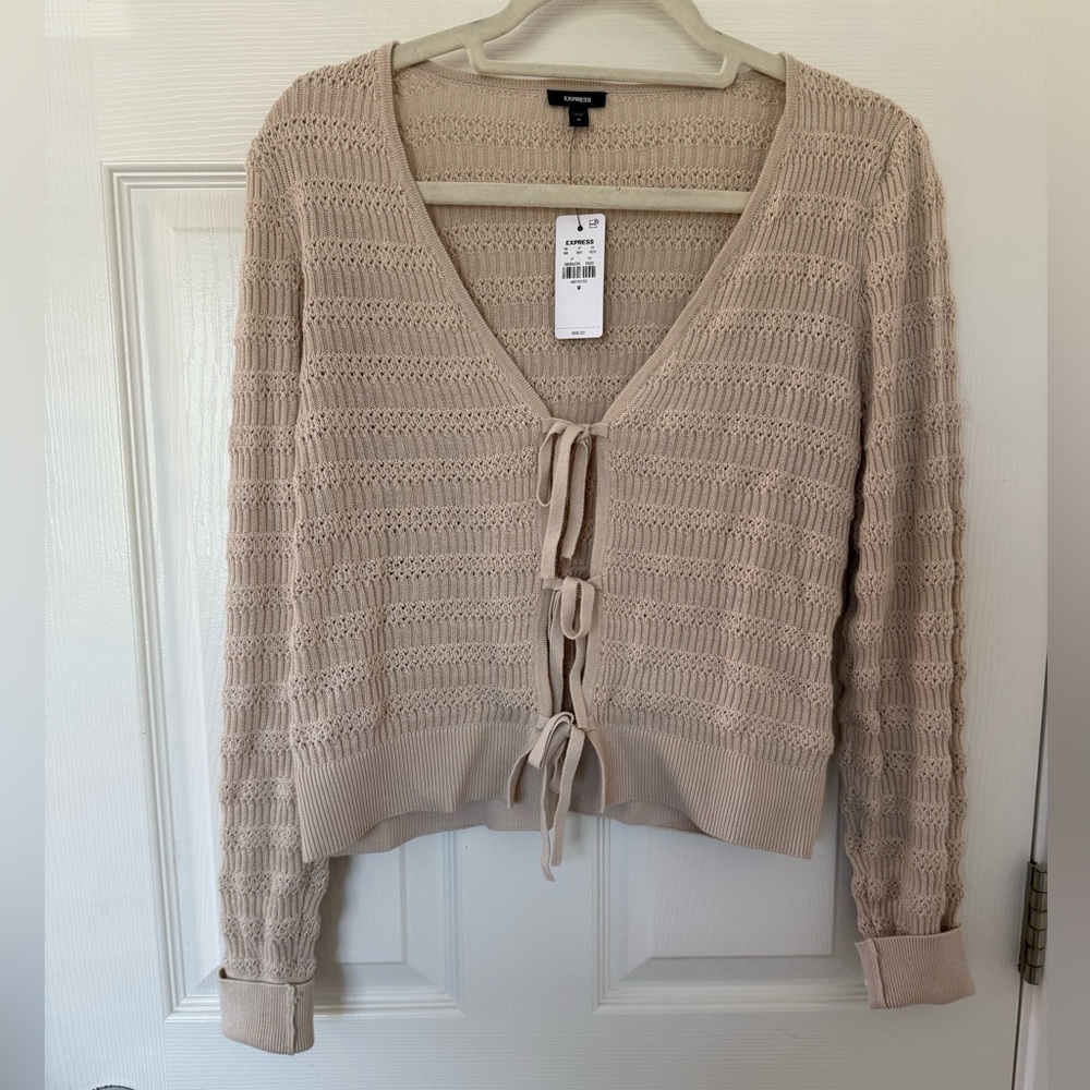 Express Beige Knit Cardigan with Tie Detail